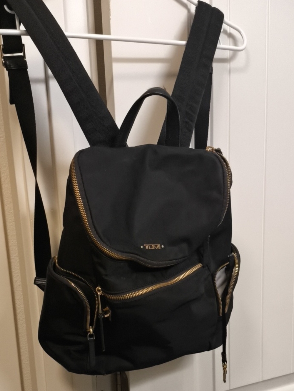 Tumi Black Nylon Backpack with Gold Zippers